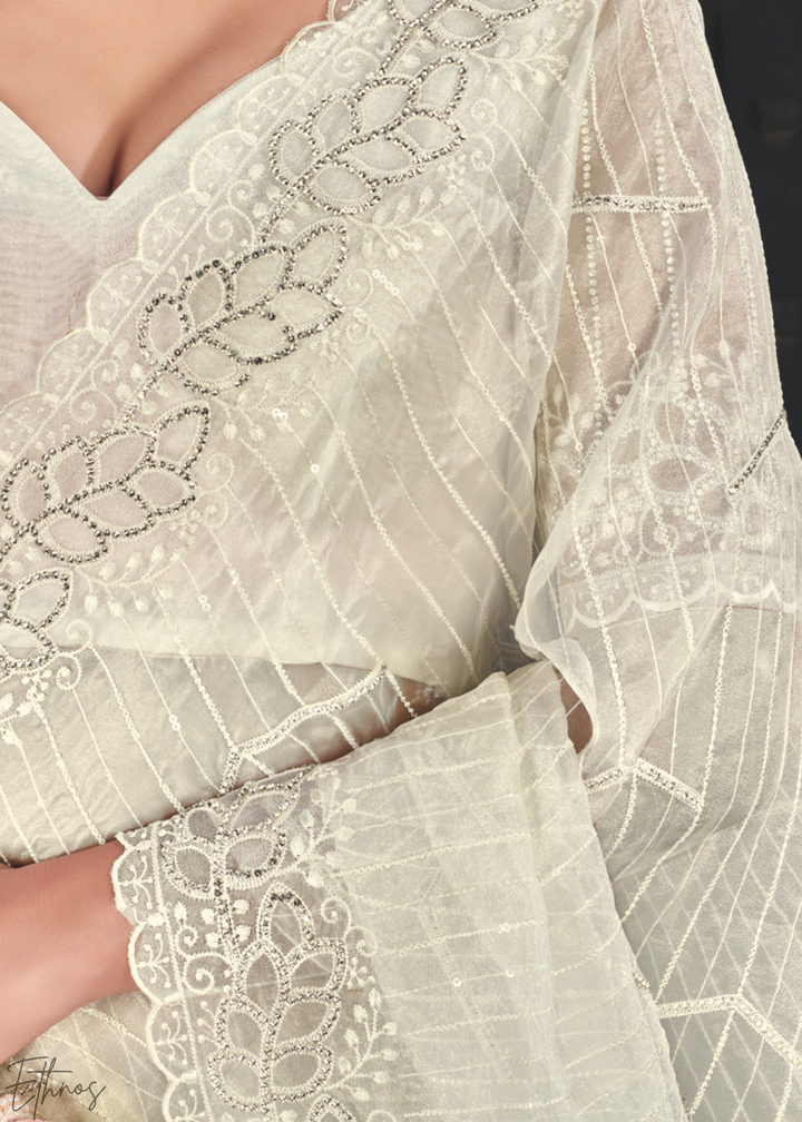 Alabaster Filigree Embroidered Tissue Art Silk Saree