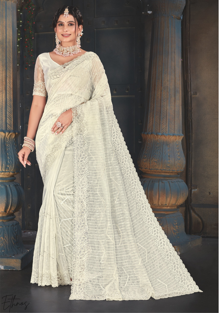 Alabaster Filigree Embroidered Tissue Art Silk Saree