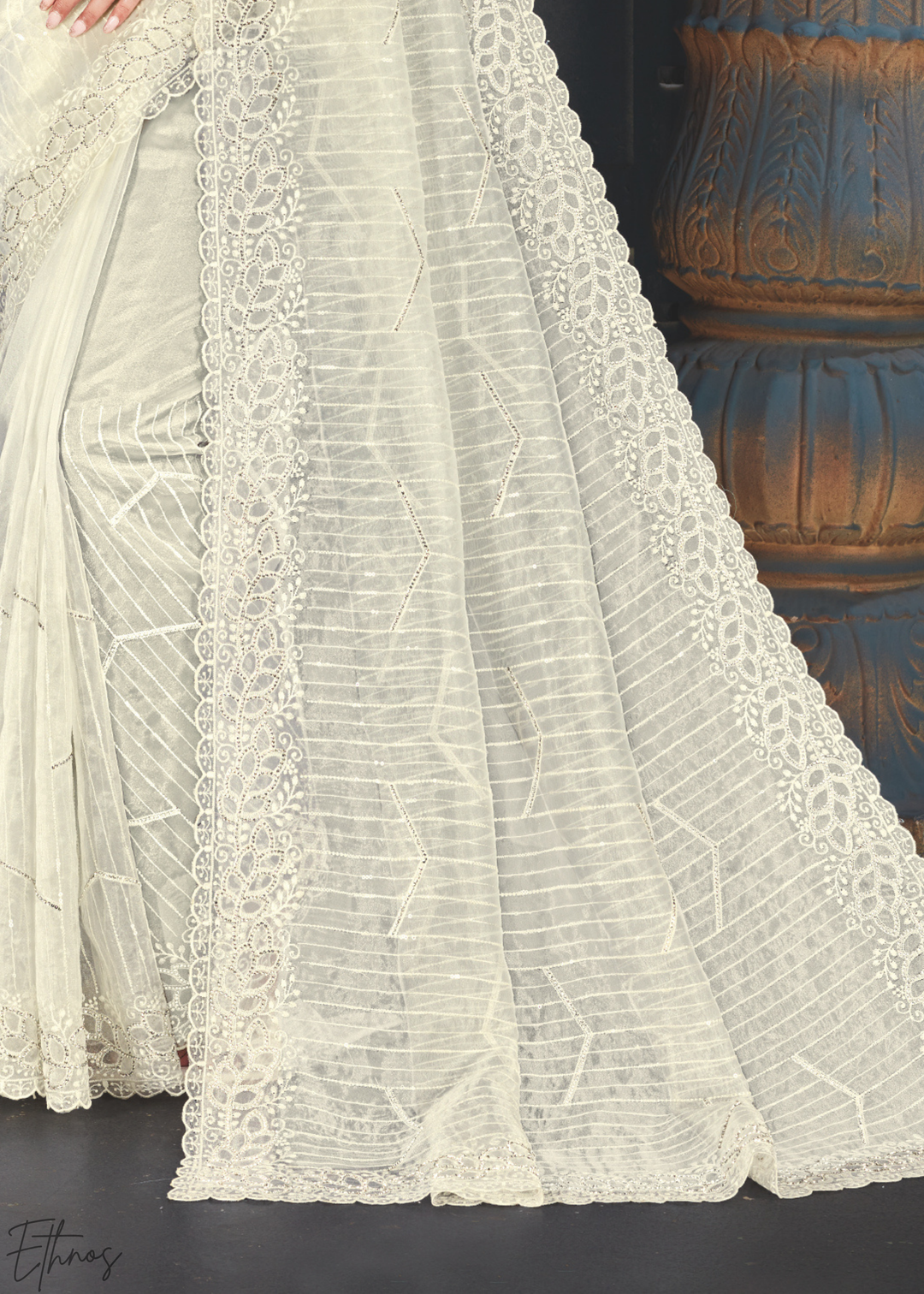 Alabaster Filigree Embroidered Tissue Art Silk Saree