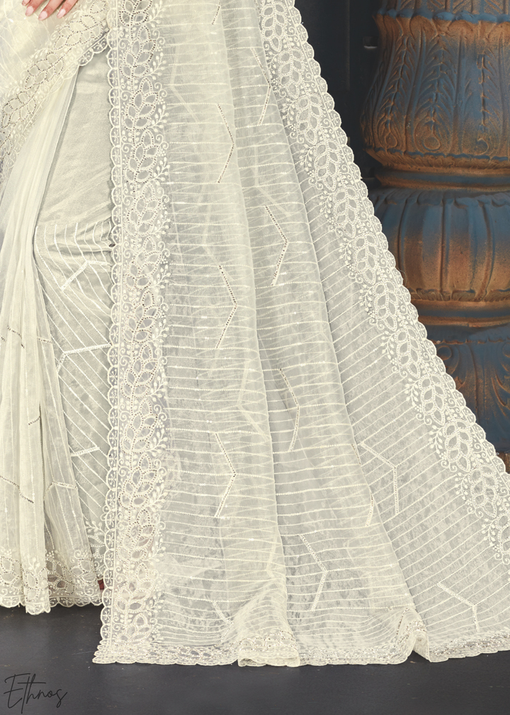 Alabaster Filigree Embroidered Tissue Art Silk Saree