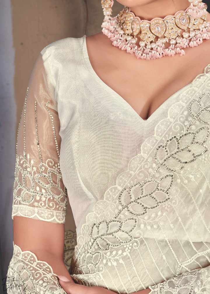 Alabaster Filigree Embroidered Tissue Art Silk Saree