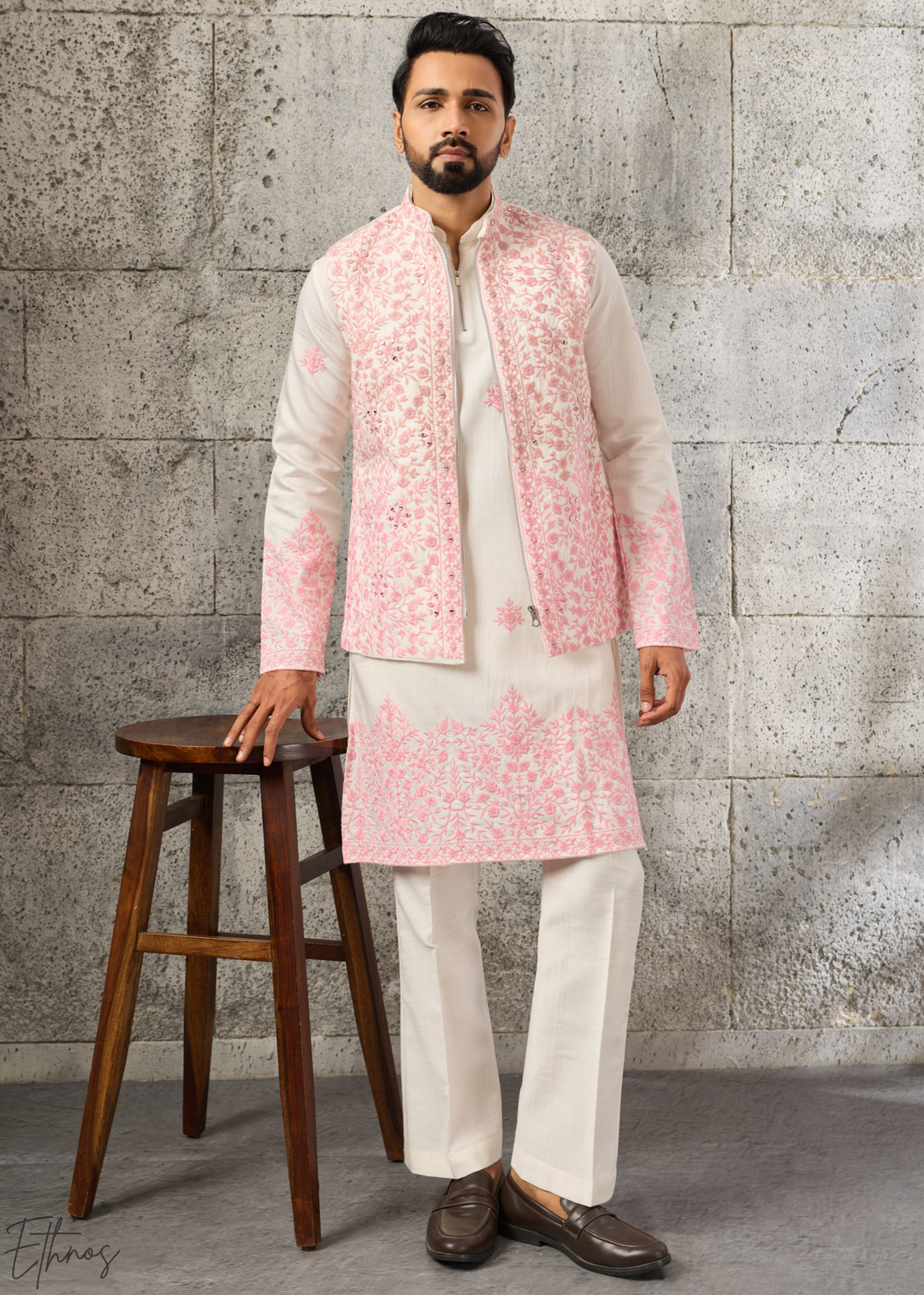Alabaster Pink Blossom-Vine Silk Tunic Vest Set