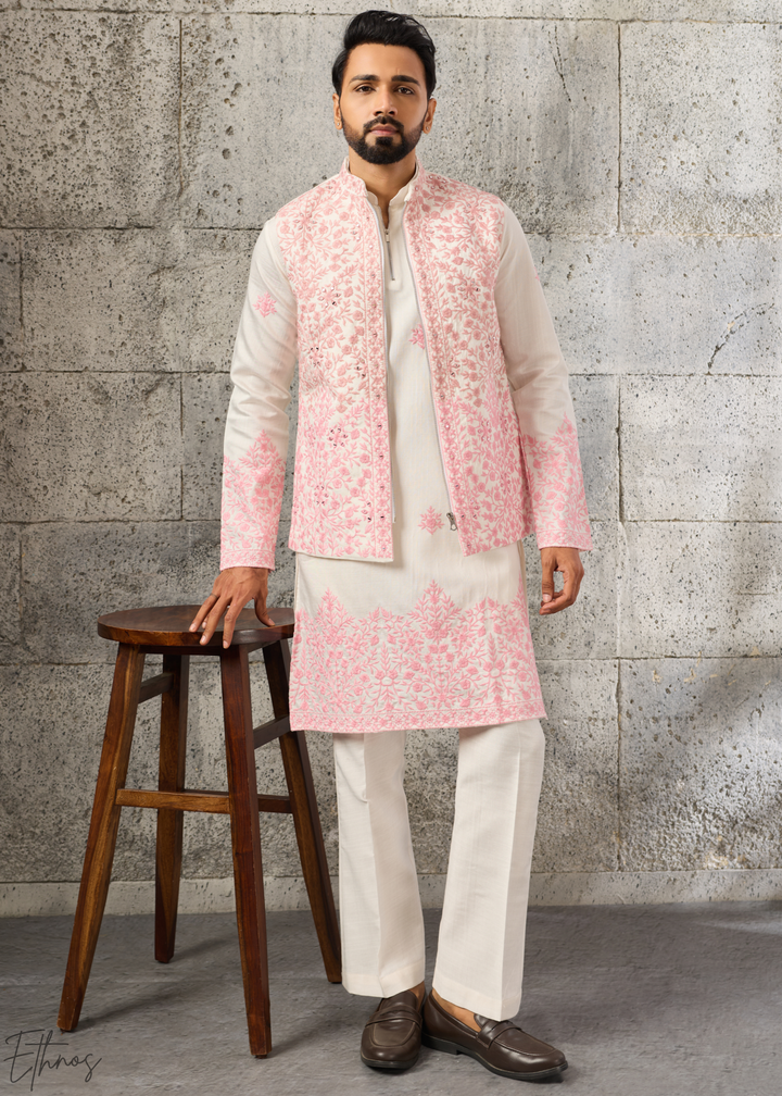 Alabaster Pink Blossom-Vine Silk Tunic Vest Set