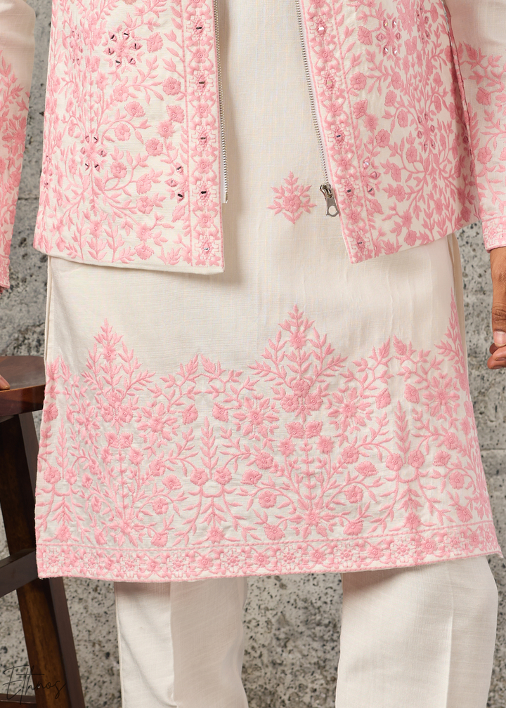 Alabaster Pink Blossom-Vine Silk Tunic Vest Set