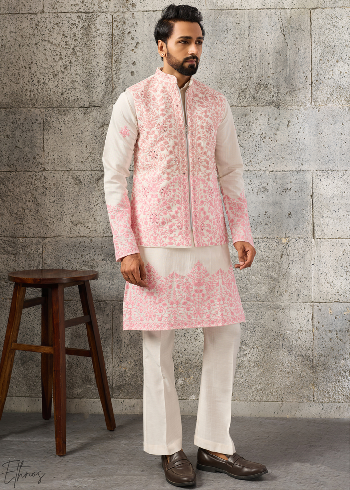 Alabaster Pink Blossom-Vine Silk Tunic Vest Set