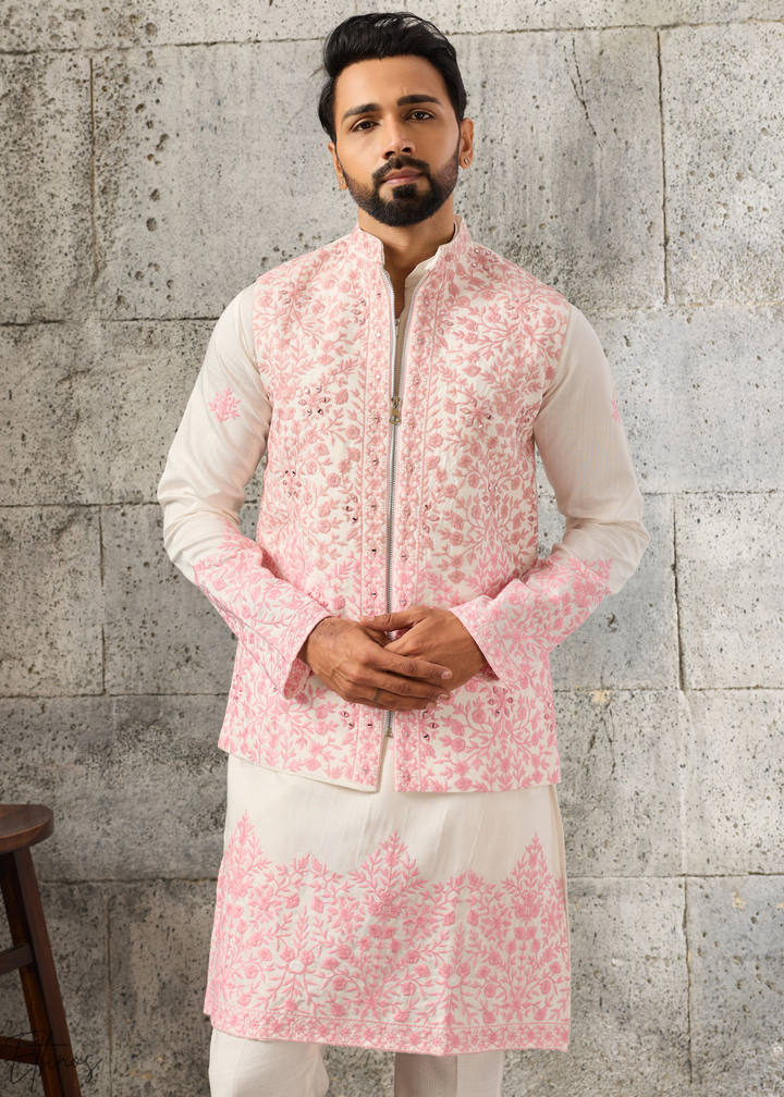 Alabaster Pink Blossom-Vine Silk Tunic Vest Set