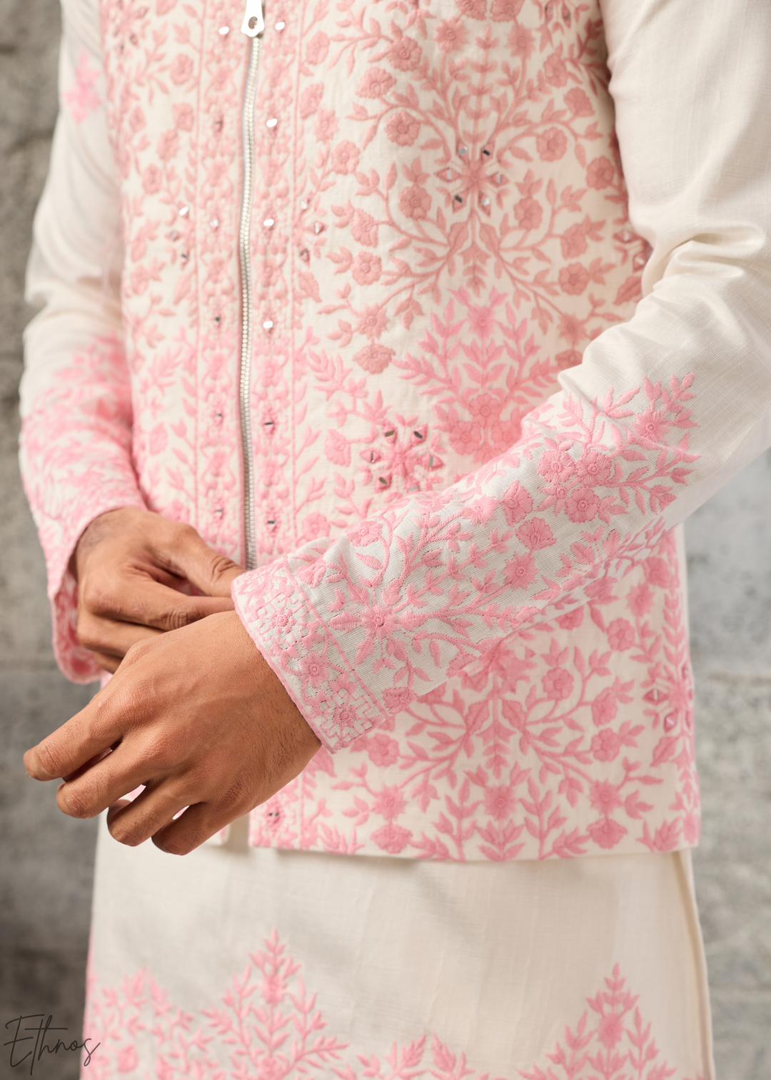 Alabaster Pink Blossom-Vine Silk Tunic Vest Set