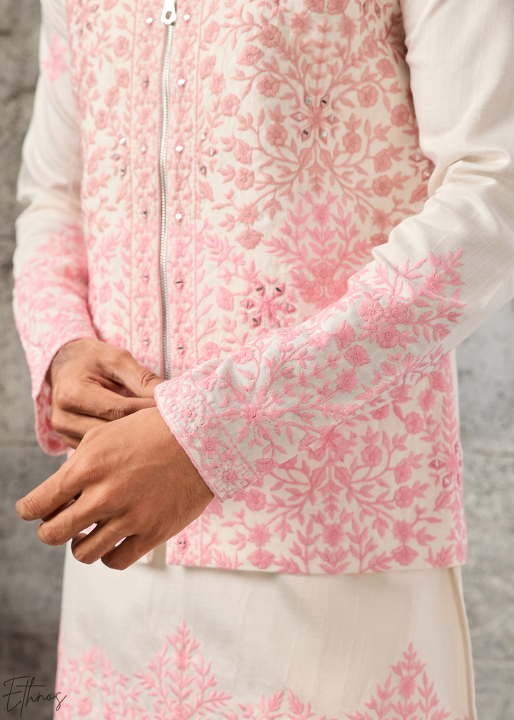 Alabaster Pink Blossom-Vine Silk Tunic Vest Set