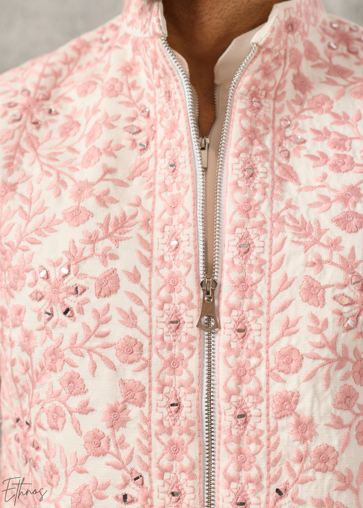 Alabaster Pink Blossom-Vine Silk Tunic Vest Set