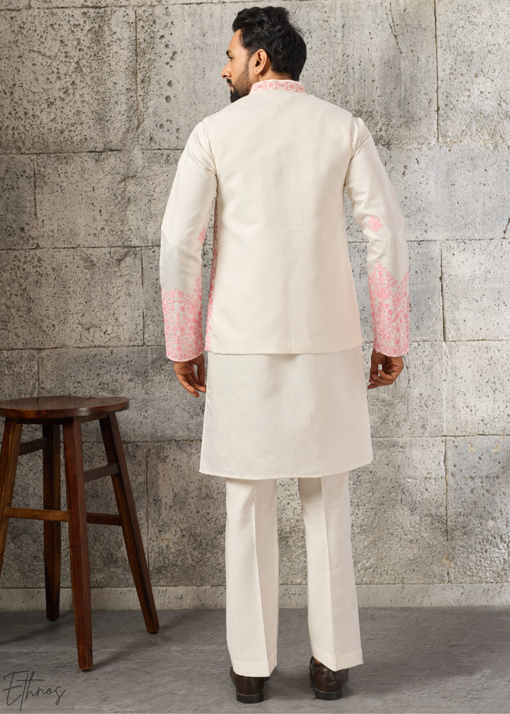 Alabaster Pink Blossom-Vine Silk Tunic Vest Set