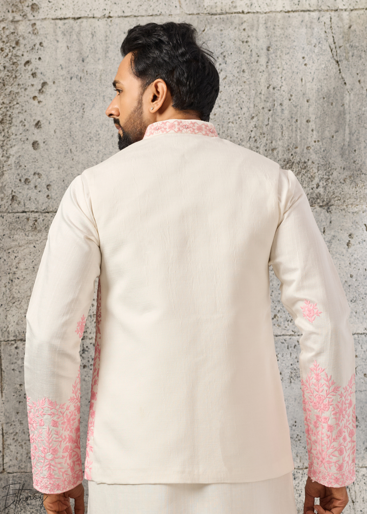 Alabaster Pink Blossom-Vine Silk Tunic Vest Set