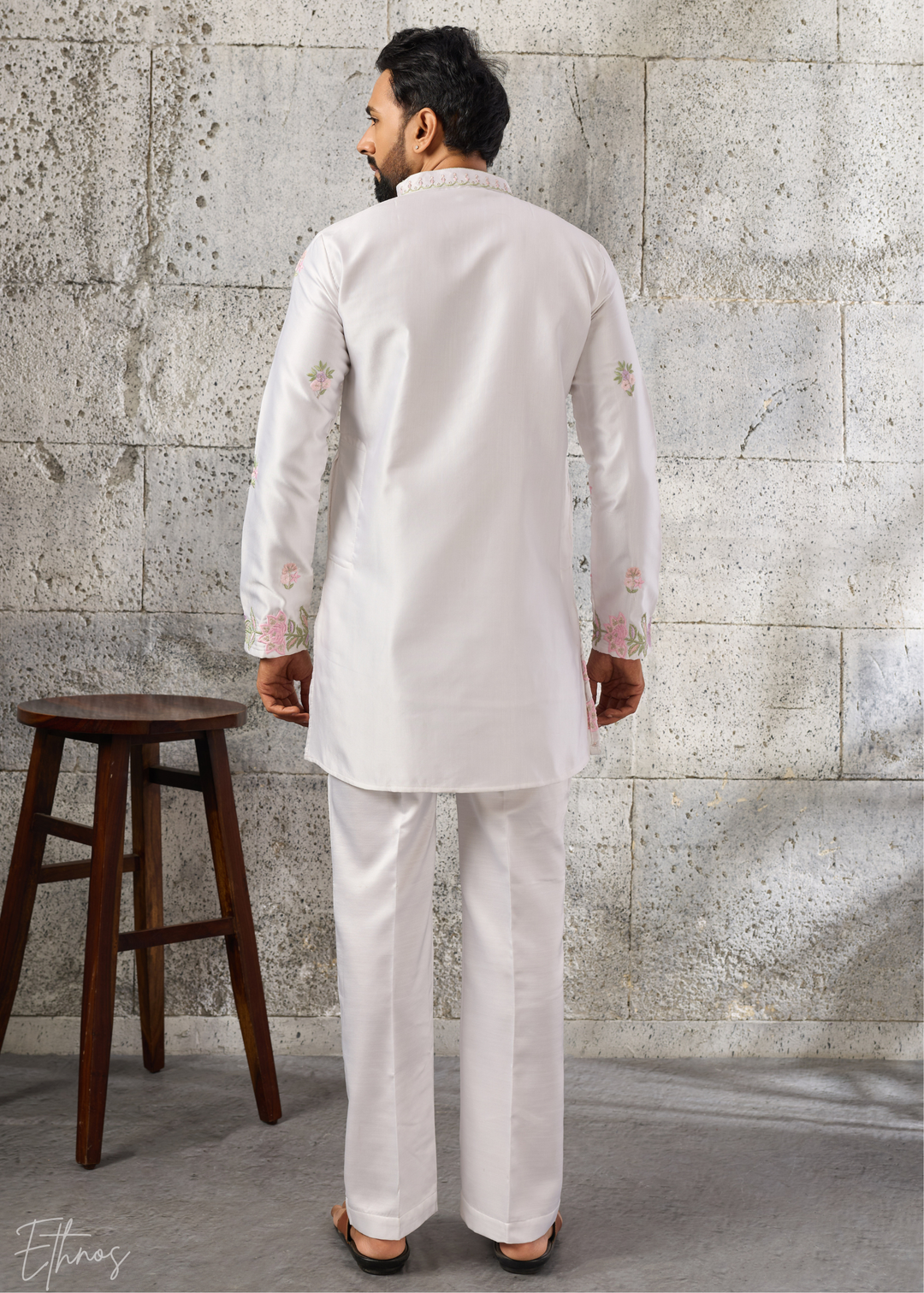 Alabaster White Botanical-Embroidered Silk Kurta Pajama Set