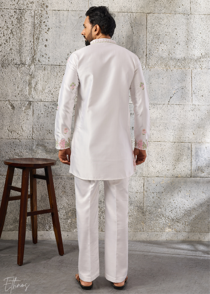 Alabaster White Botanical-Embroidered Silk Kurta Pajama Set