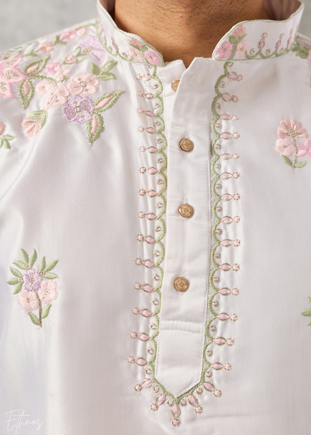 Alabaster White Botanical-Embroidered Silk Kurta Pajama Set