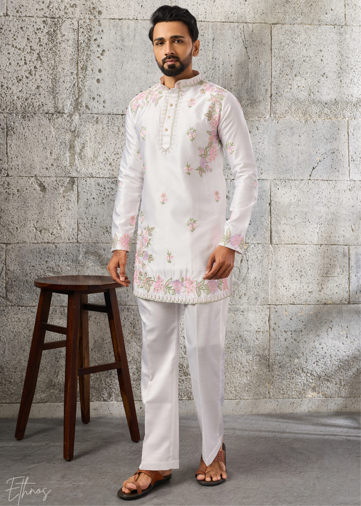 Alabaster White Botanical-Embroidered Silk Kurta Pajama Set