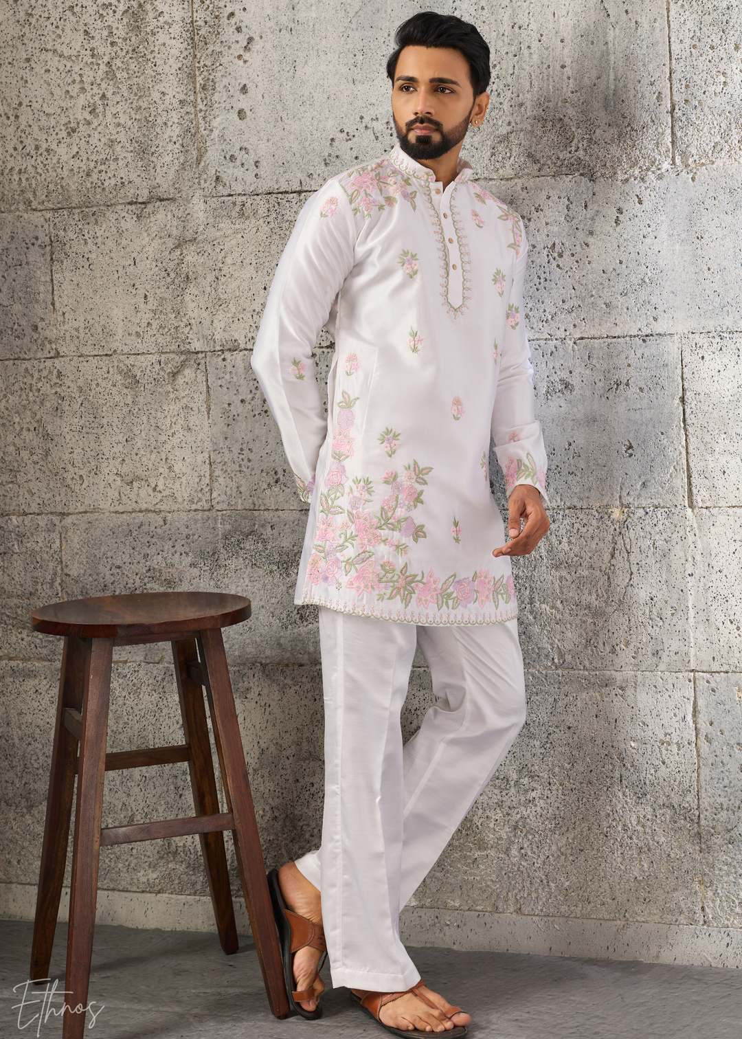 Alabaster White Botanical-Embroidered Silk Kurta Pajama Set