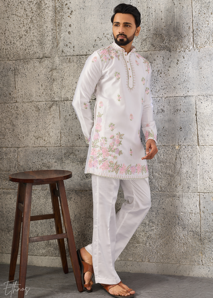 Alabaster White Botanical-Embroidered Silk Kurta Pajama Set