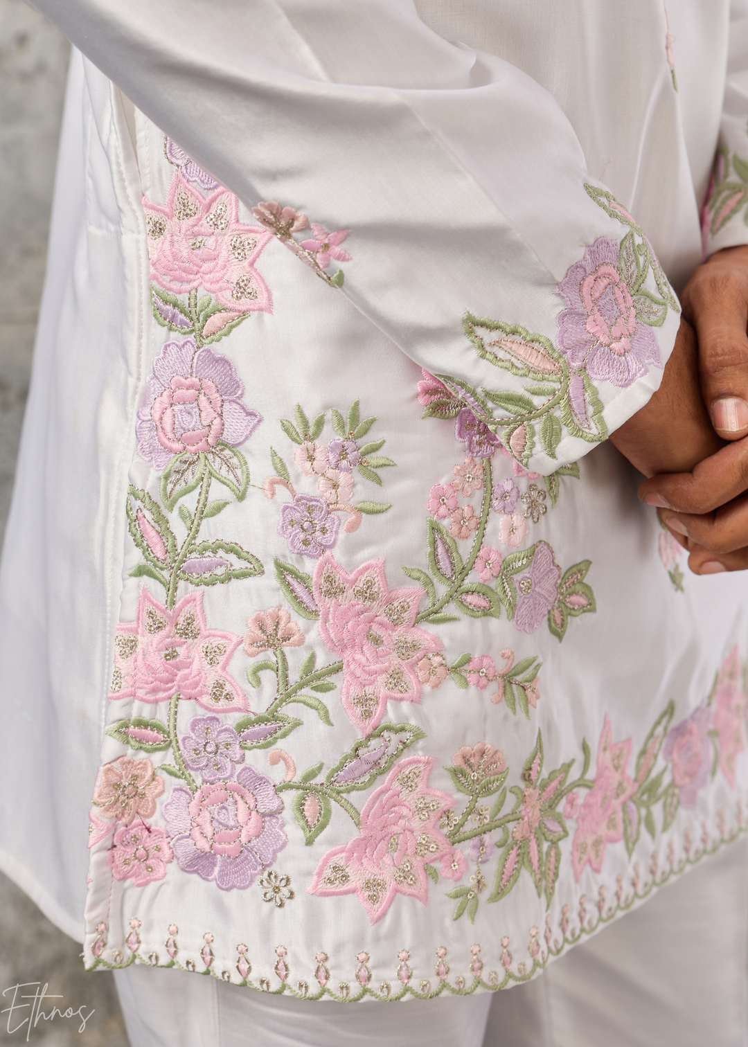 Alabaster White Botanical-Embroidered Silk Kurta Pajama Set