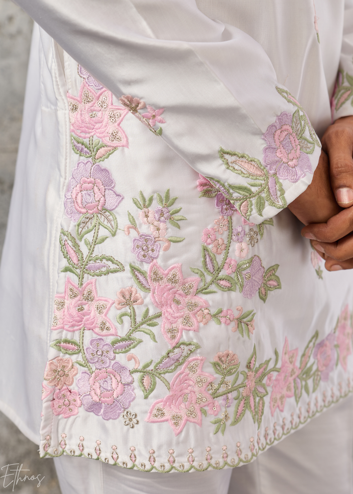 Alabaster White Botanical-Embroidered Silk Kurta Pajama Set