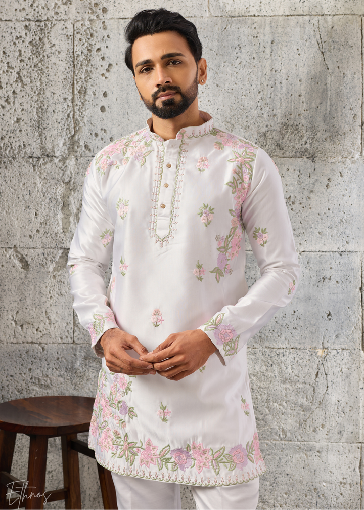 Alabaster White Botanical-Embroidered Silk Kurta Pajama Set
