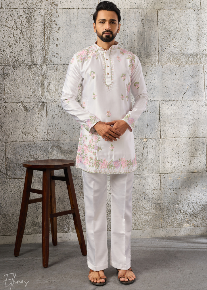 Alabaster White Botanical-Embroidered Silk Kurta Pajama Set