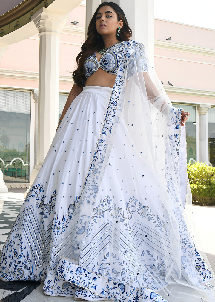 Alabaster White Chevron Satin Lehenga Set