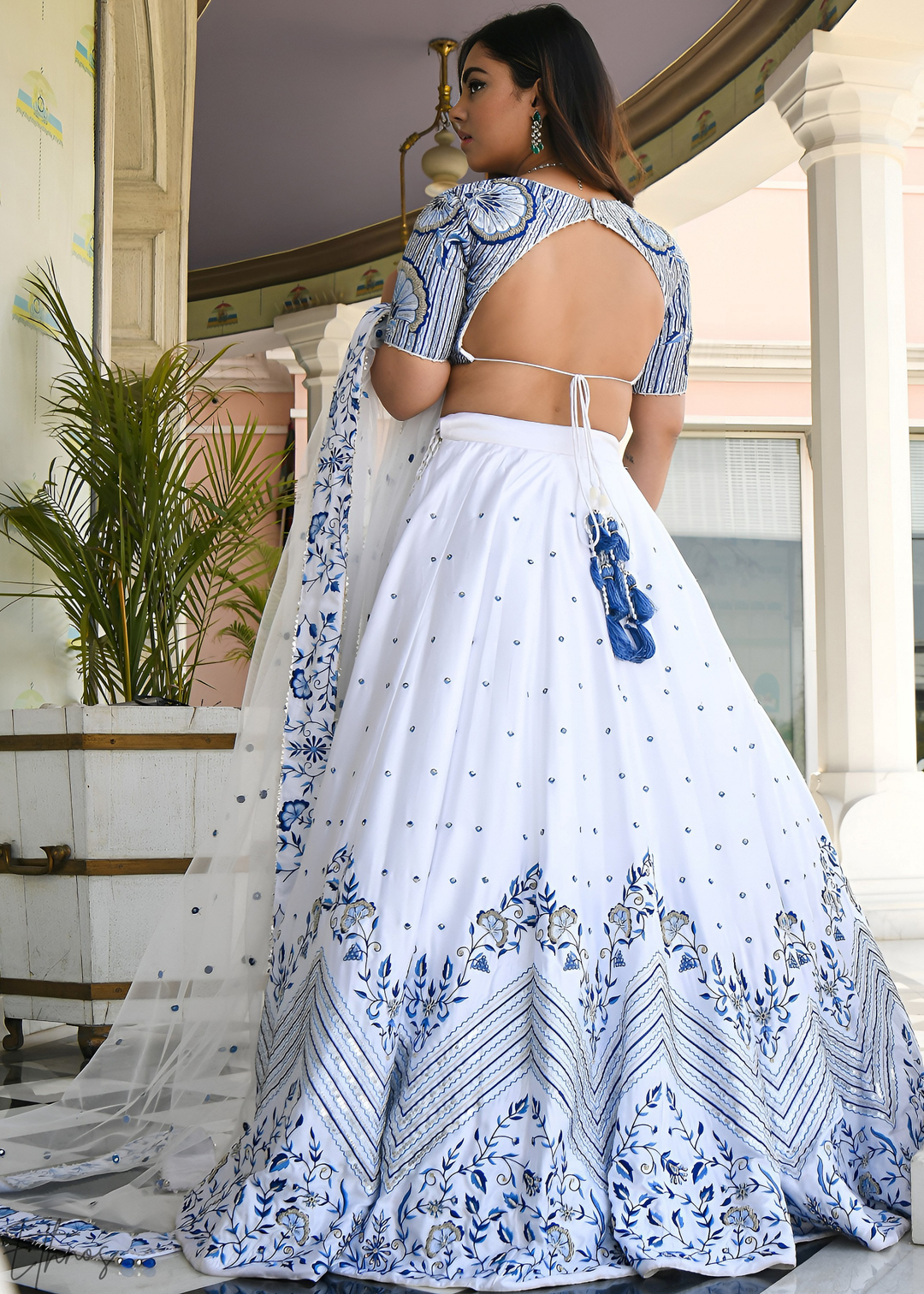 Alabaster White Chevron Satin Lehenga Set
