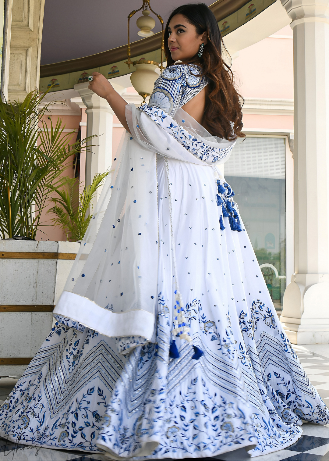 Alabaster White Chevron Satin Lehenga Set