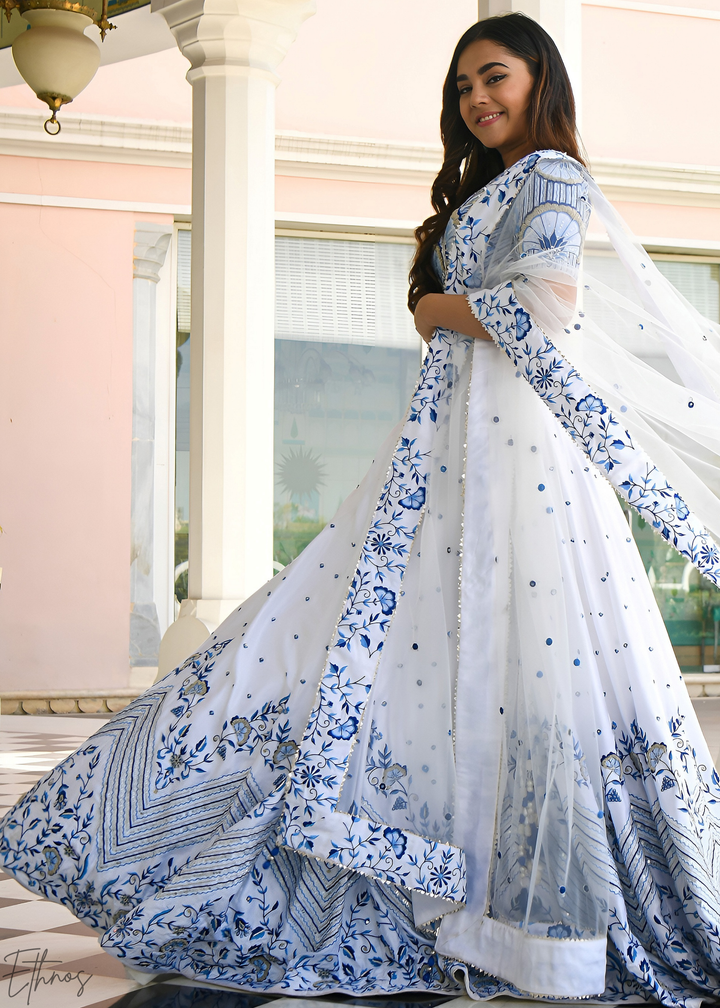 Alabaster White Chevron Satin Lehenga Set