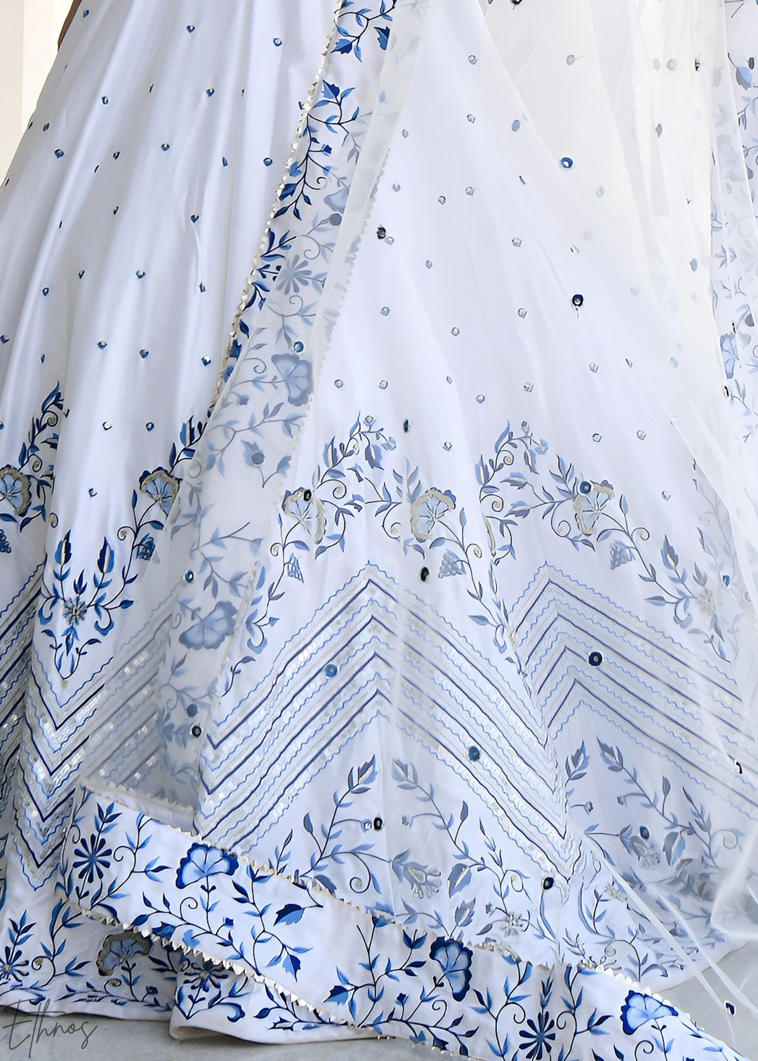 Alabaster White Chevron Satin Lehenga Set