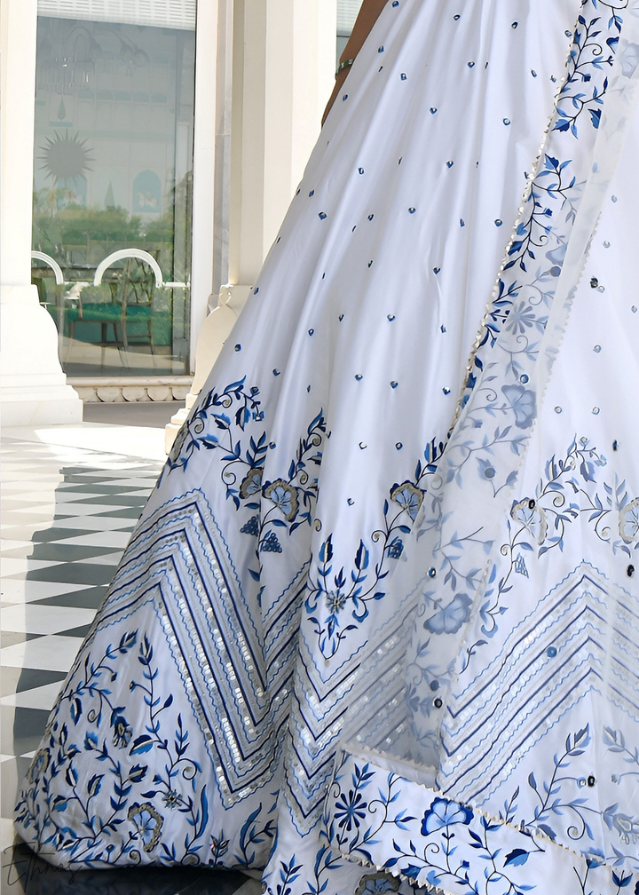 Alabaster White Chevron Satin Lehenga Set