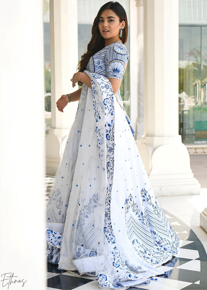 Alabaster White Chevron Satin Lehenga Set