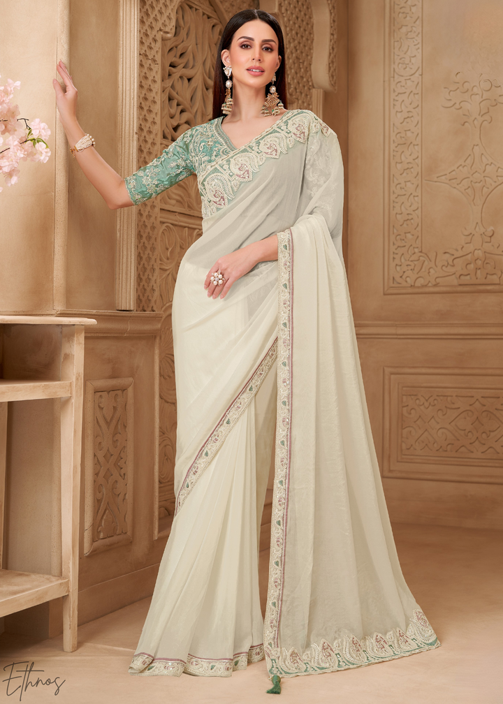 Alabaster White Classic Border Satin Georgette Saree