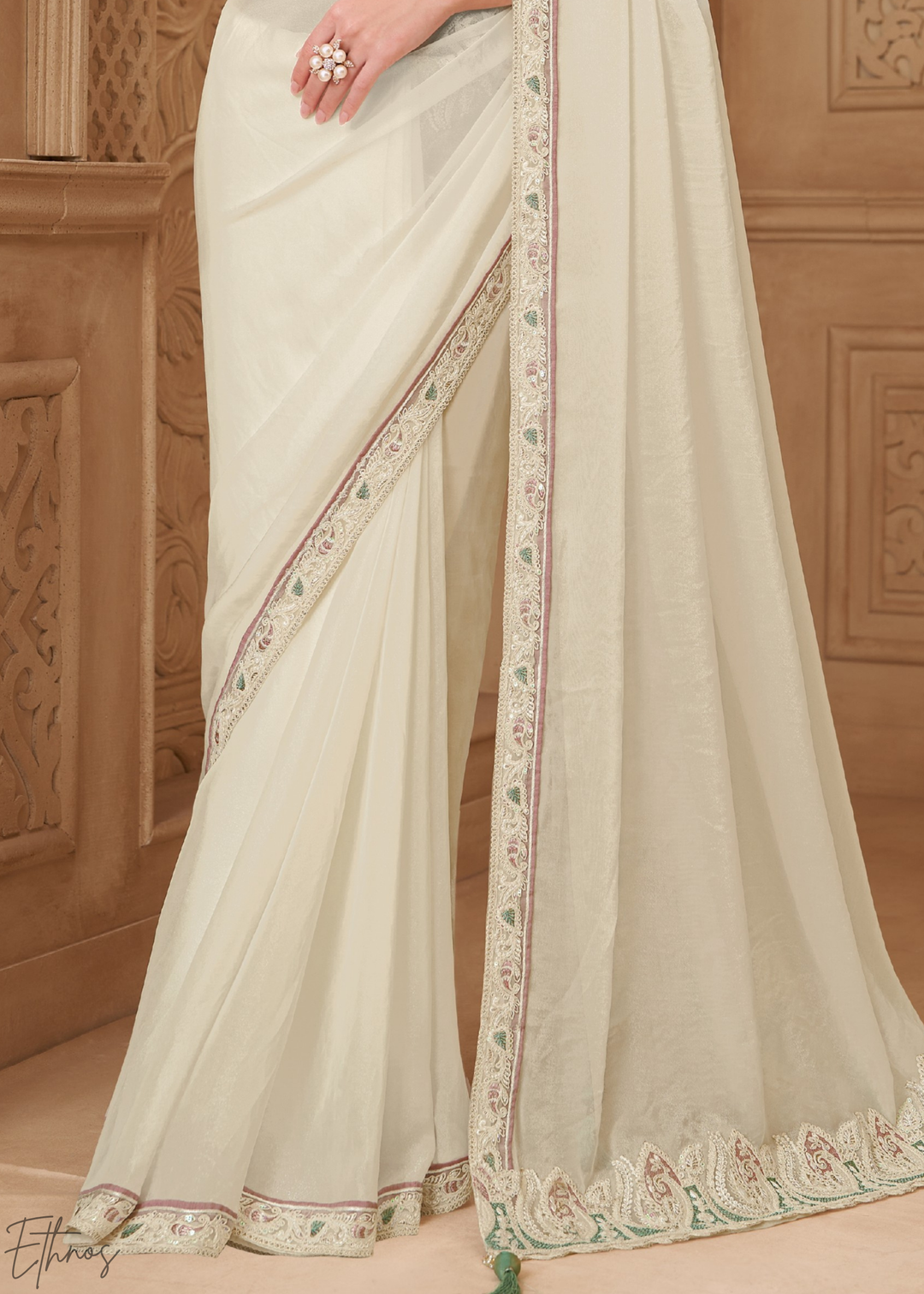 Alabaster White Classic Border Satin Georgette Saree