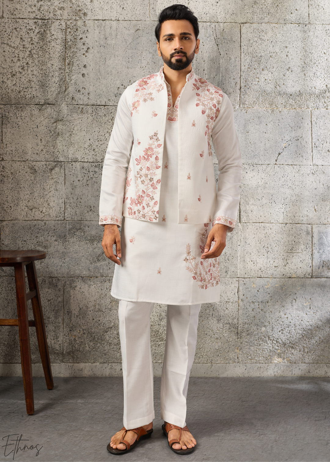 White Floral-Embroidered Silk Tunic Waistcoat Set