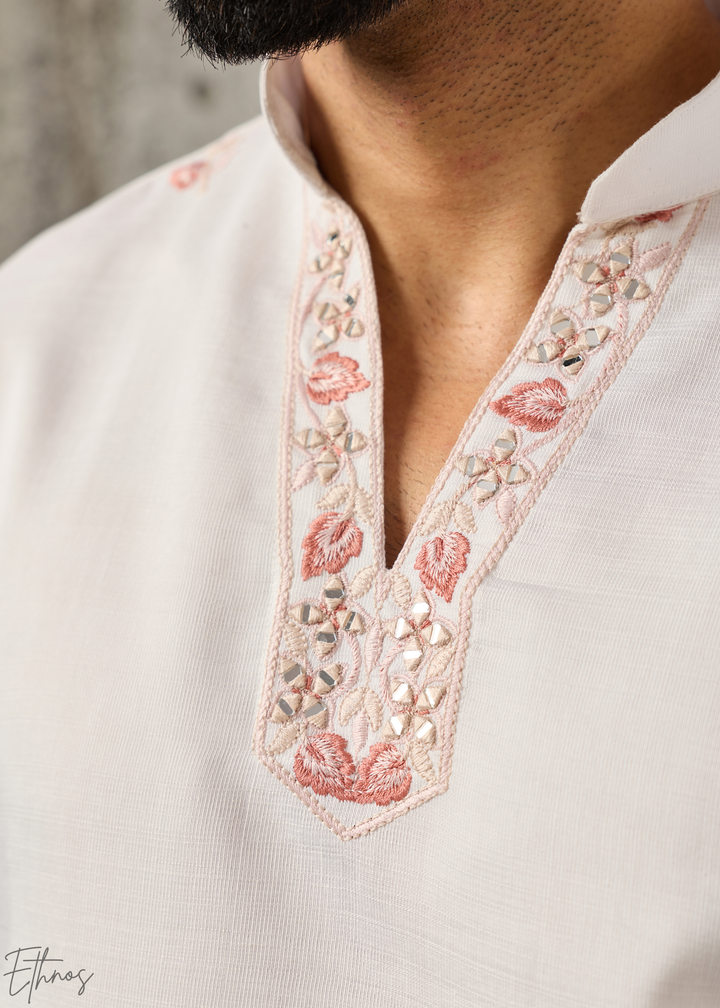 White Floral-Embroidered Silk Tunic Waistcoat Set