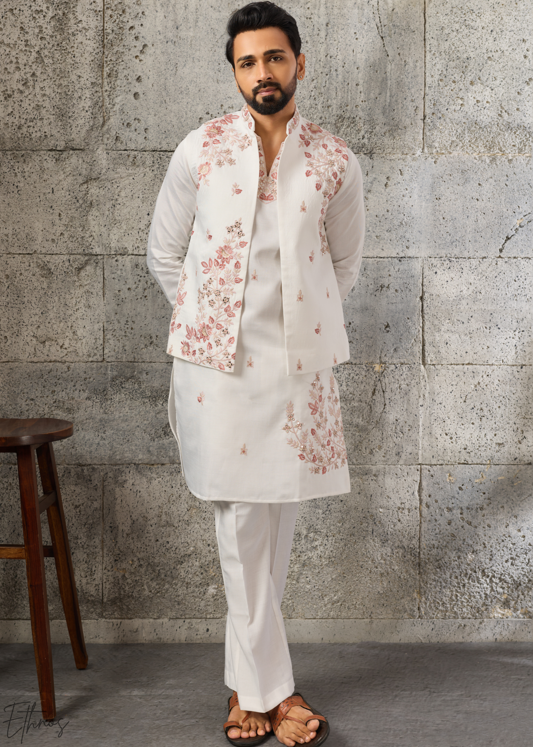 White Floral-Embroidered Silk Tunic Waistcoat Set