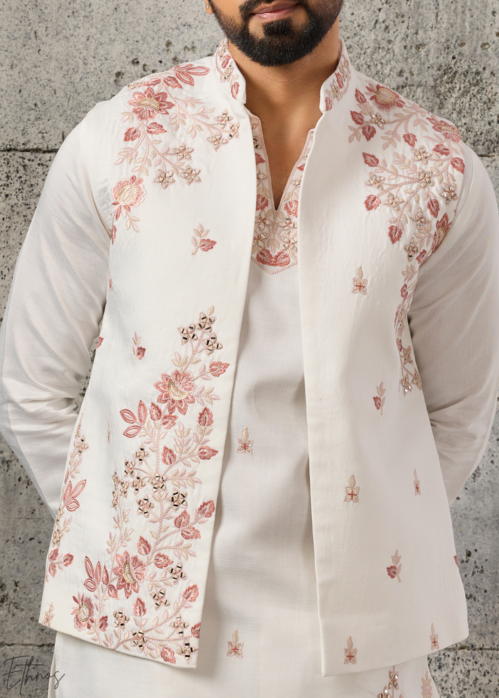 White Floral-Embroidered Silk Tunic Waistcoat Set