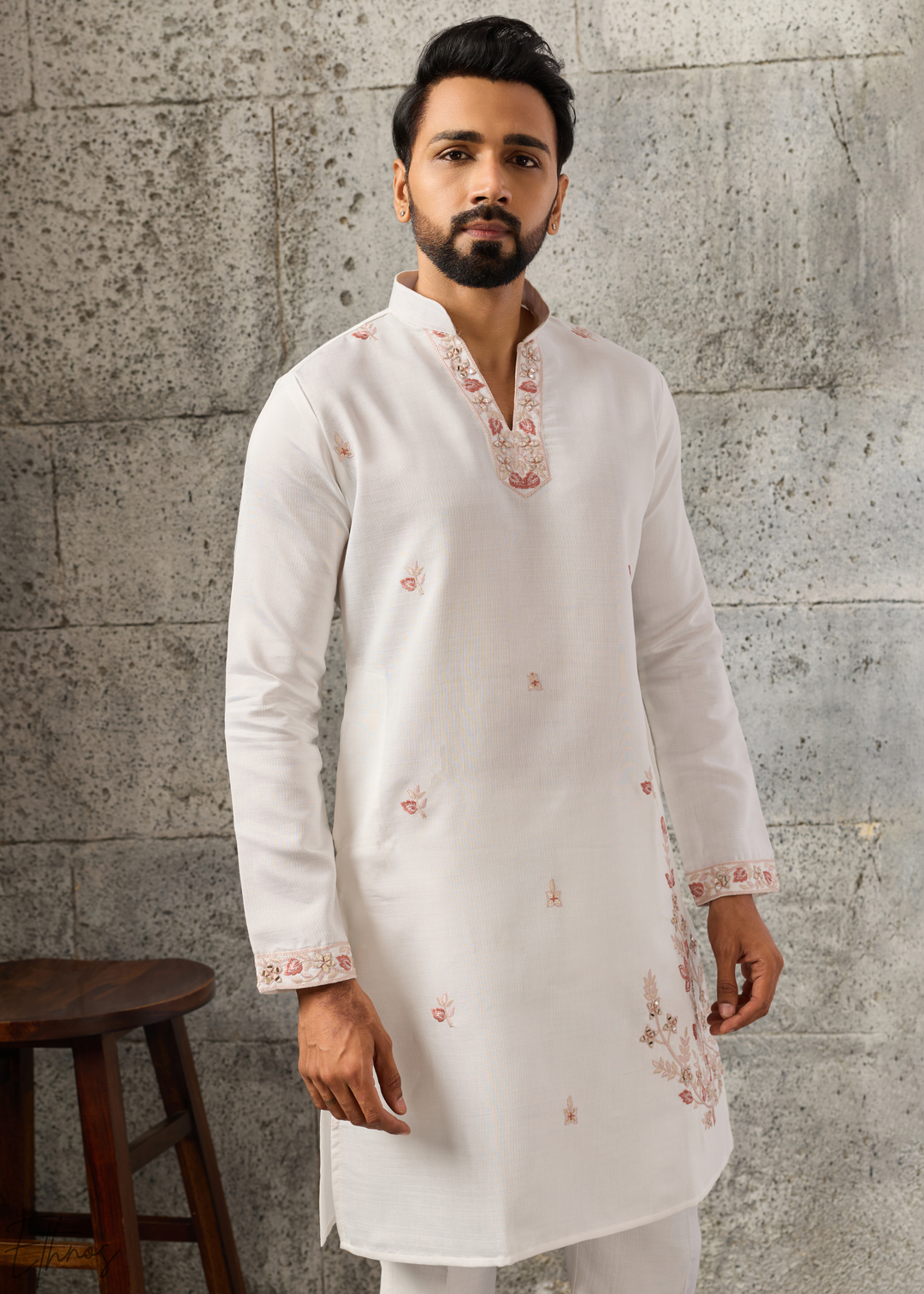White Floral-Embroidered Silk Tunic Waistcoat Set