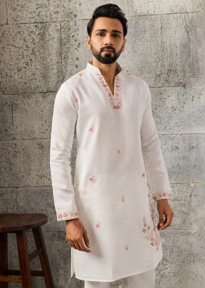 White Floral-Embroidered Silk Tunic Waistcoat Set