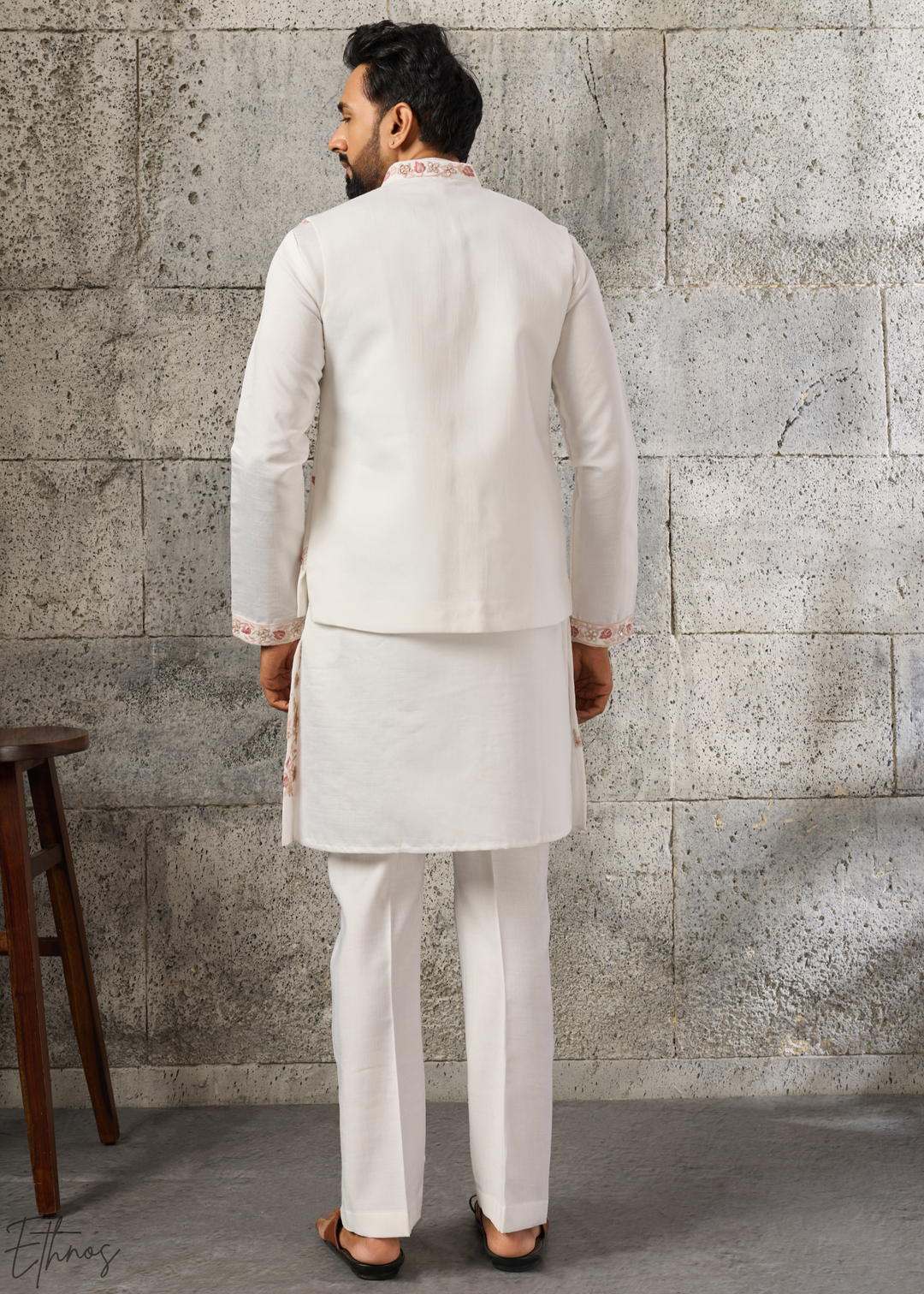 White Floral-Embroidered Silk Tunic Waistcoat Set