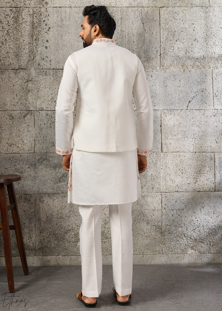 White Floral-Embroidered Silk Tunic Waistcoat Set