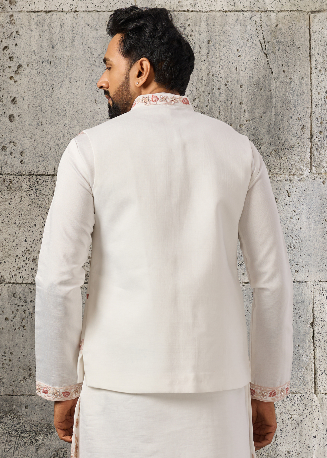 White Floral-Embroidered Silk Tunic Waistcoat Set
