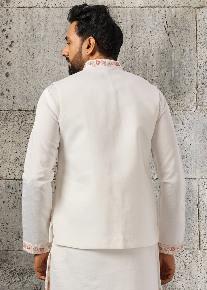 White Floral-Embroidered Silk Tunic Waistcoat Set