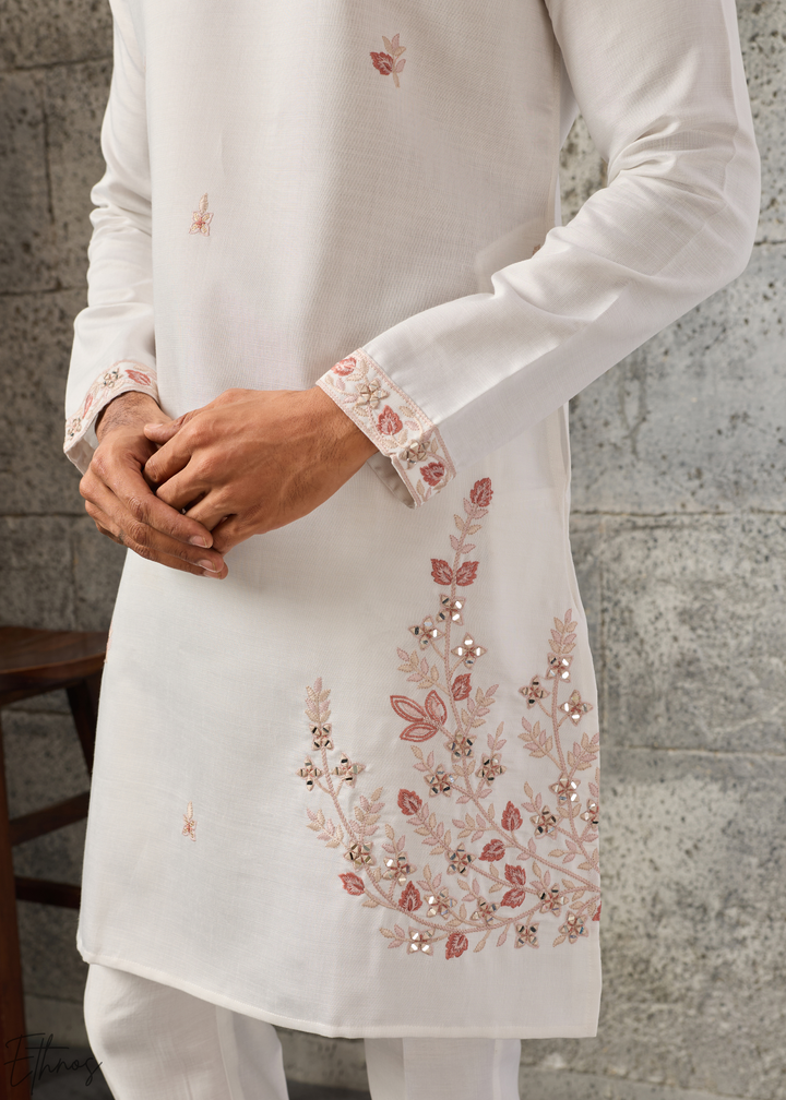 White Floral-Embroidered Silk Tunic Waistcoat Set