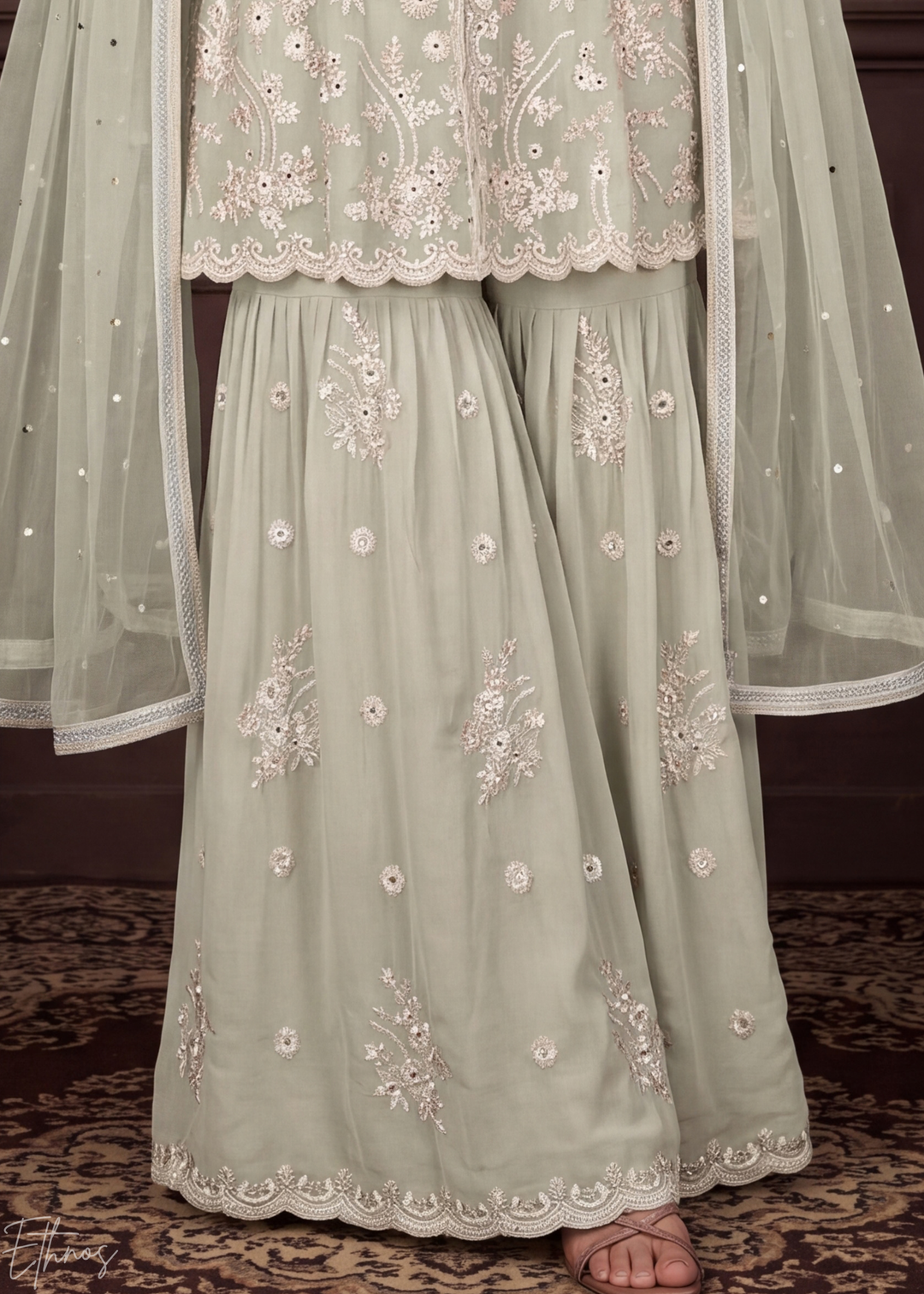 Alabaster White Radiant Blossom Georgette Peplum Sharara Suit