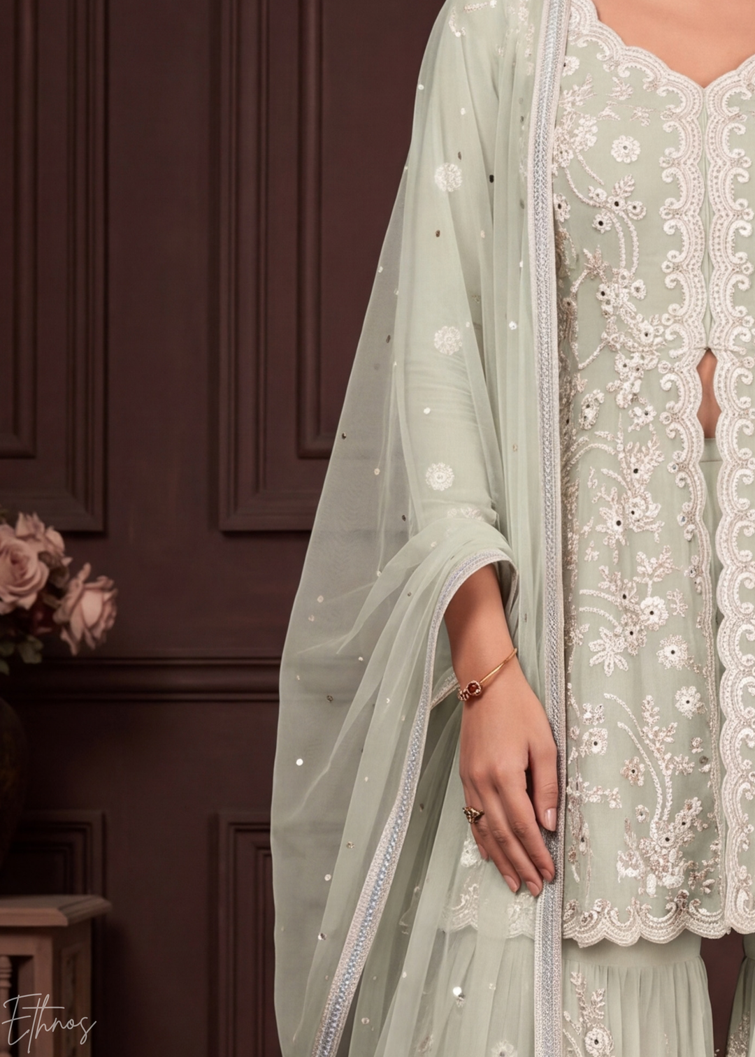 Alabaster White Radiant Blossom Georgette Peplum Sharara Suit