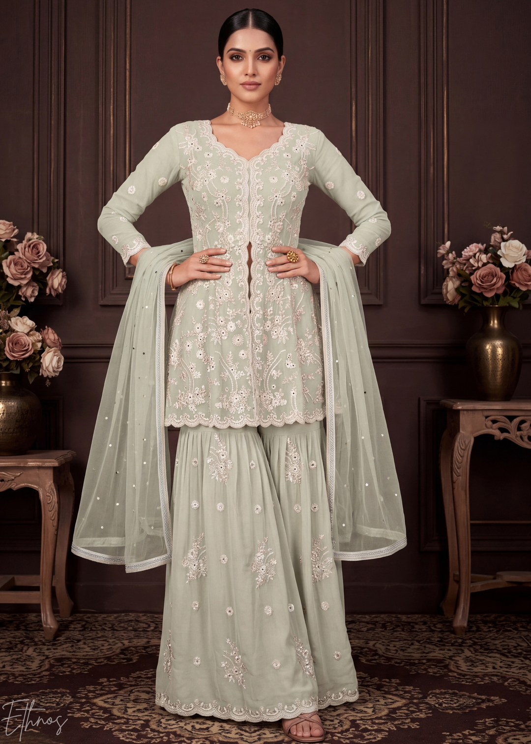 Alabaster White Radiant Blossom Georgette Peplum Sharara Suit
