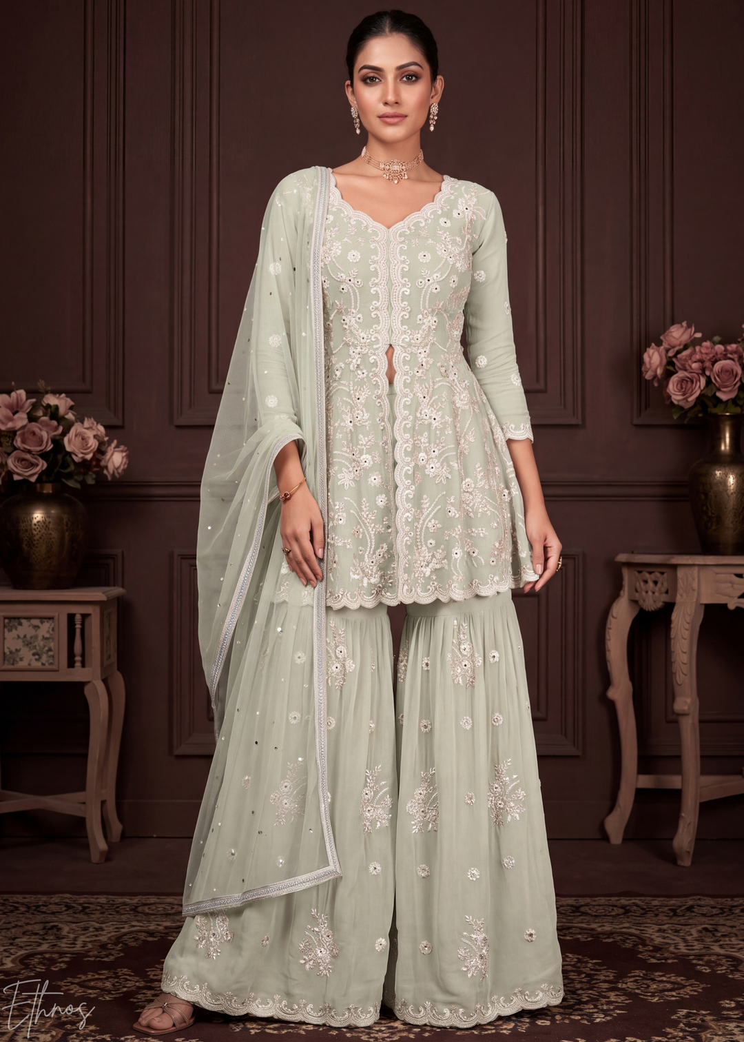 Alabaster White Radiant Blossom Georgette Peplum Sharara Suit