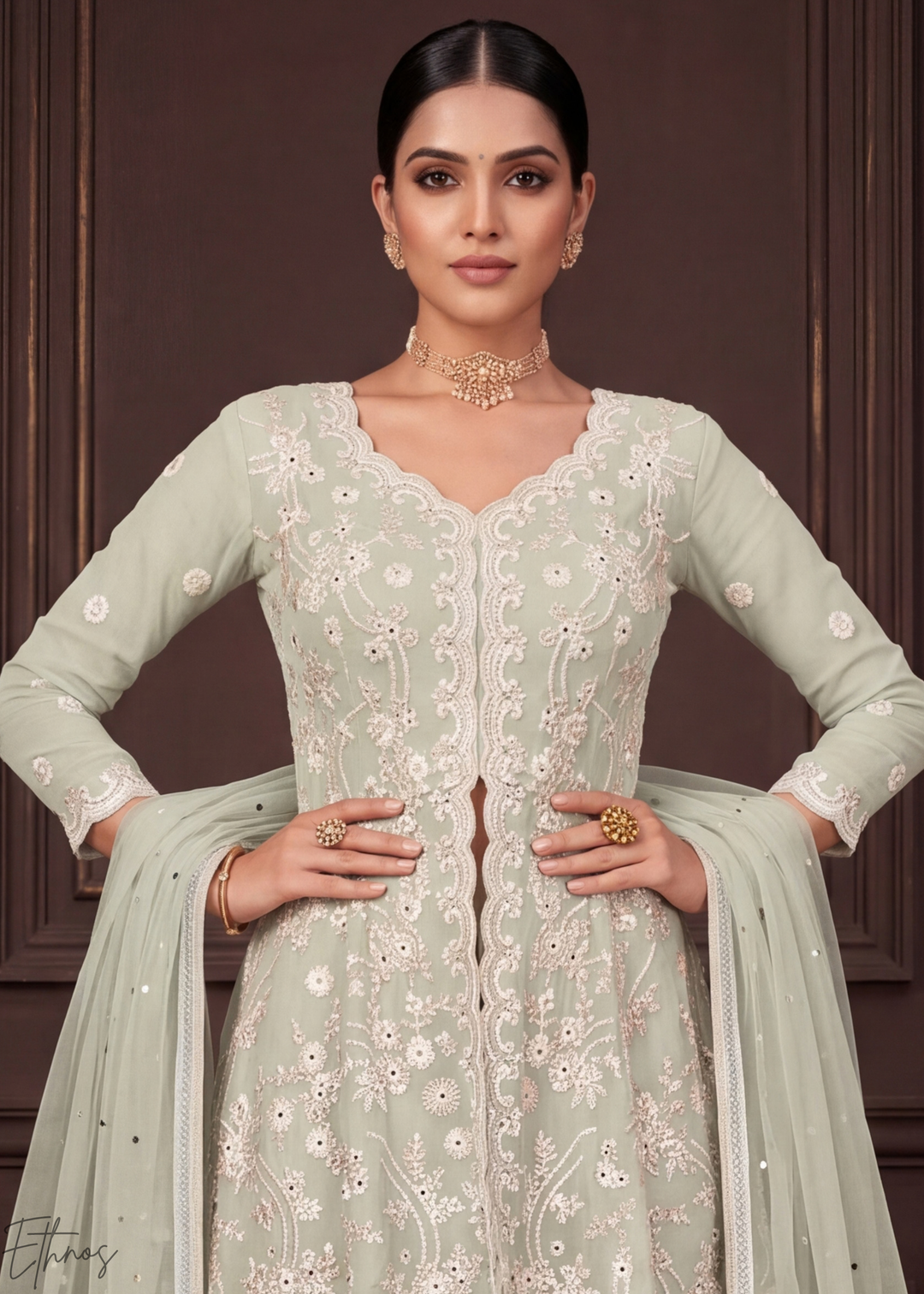 Alabaster White Radiant Blossom Georgette Peplum Sharara Suit
